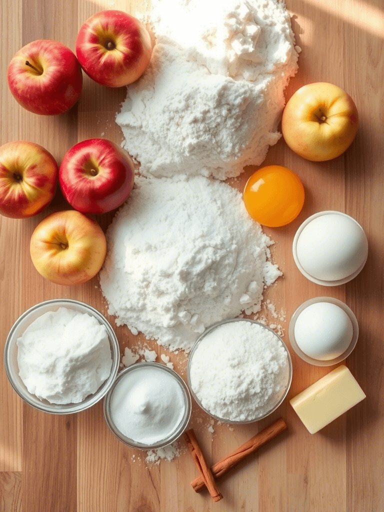 Ingrédients pour réaliser un cake aux pommes : pommes, farine, œufs, sucre, beurre, levure.