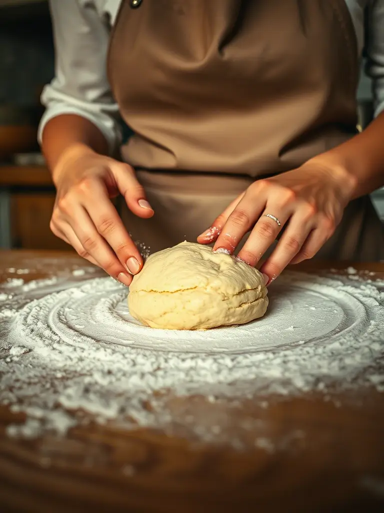 Mains d’une femme chef façonnant la pâte à biscuit sur un plan de travail.
