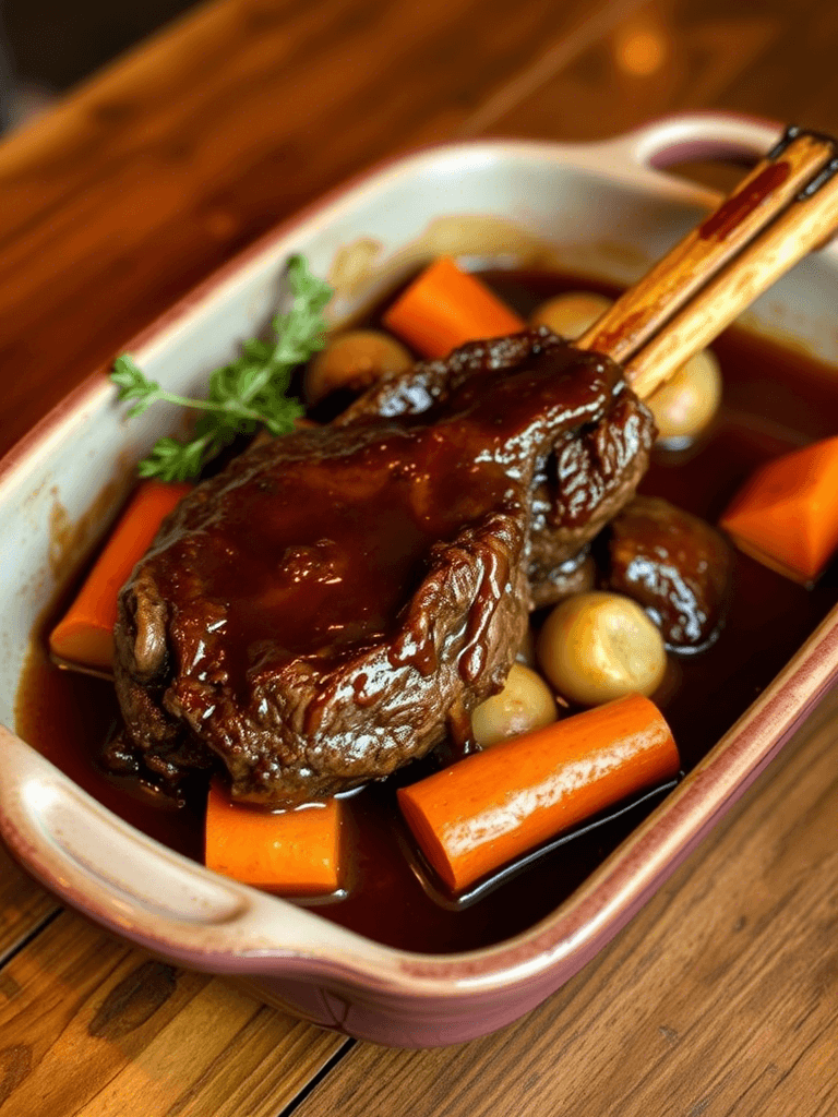 Plat de jarret de boeuf mijoté servi avec légumes racines et sauce maison