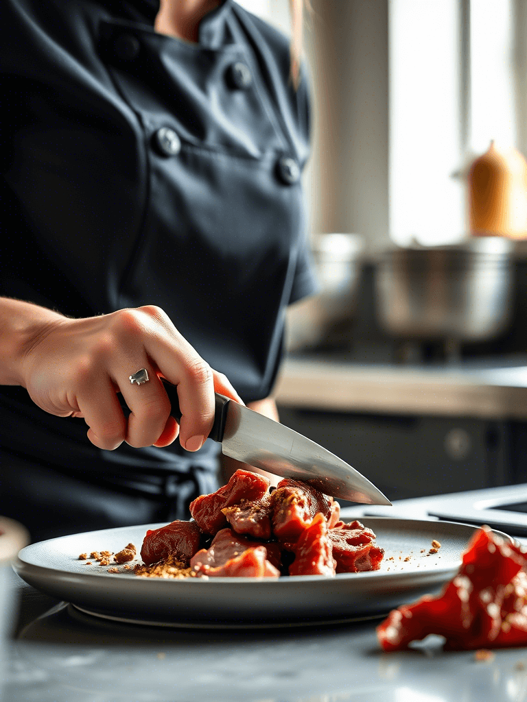 Recette joue de bœuf – Mains d'une chef préparant les joues de bœuf avec soin
