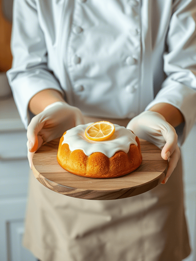 Femme chef présentant un Cake Citron, seules ses mains sont visibles
