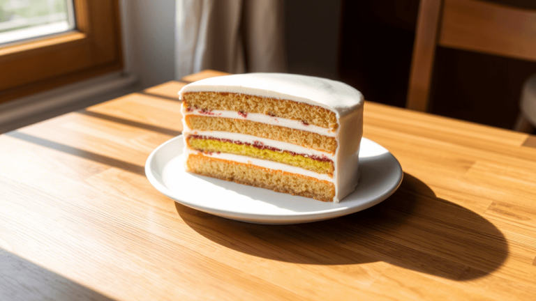 Layer cake coloré à étages, présenté sur une assiette blanche