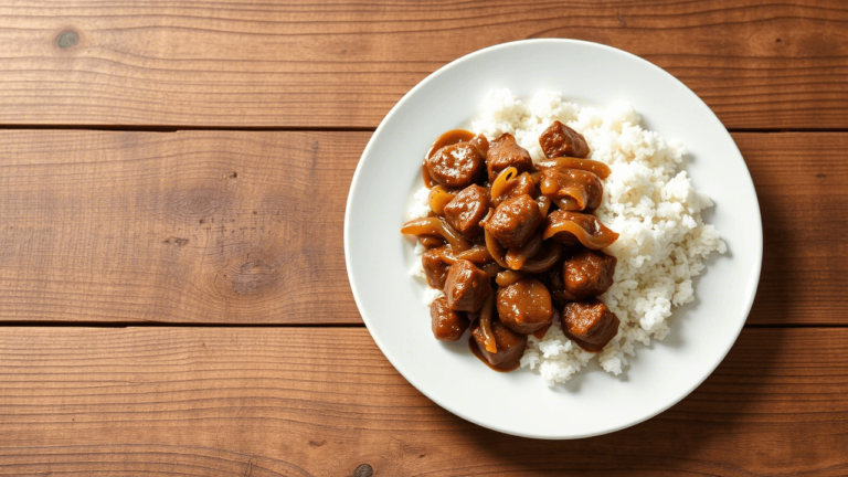 Assiette de boeuf aux oignons, servie avec du riz blanc