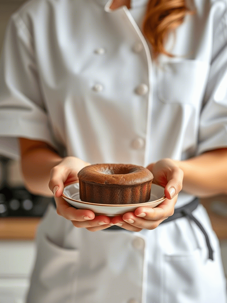 Une femme chef présente un Bowl Cake maison, ses mains visibles en gros plan.