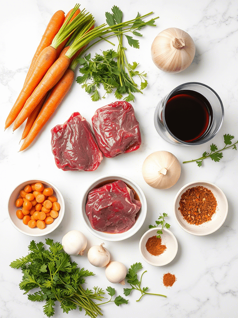 Recette joue de bœuf – Ingrédients frais disposés sur un plan de travail avant la cuisson