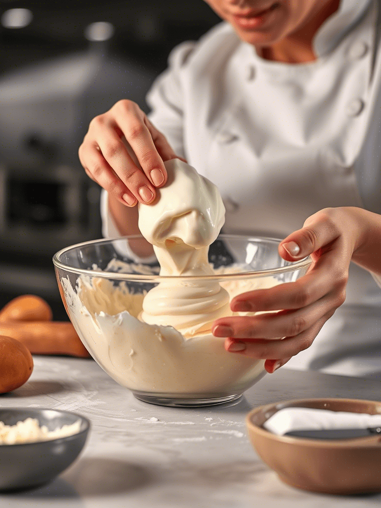 Préparation d’un biscuit cuillère par une femme chef, mains en action.