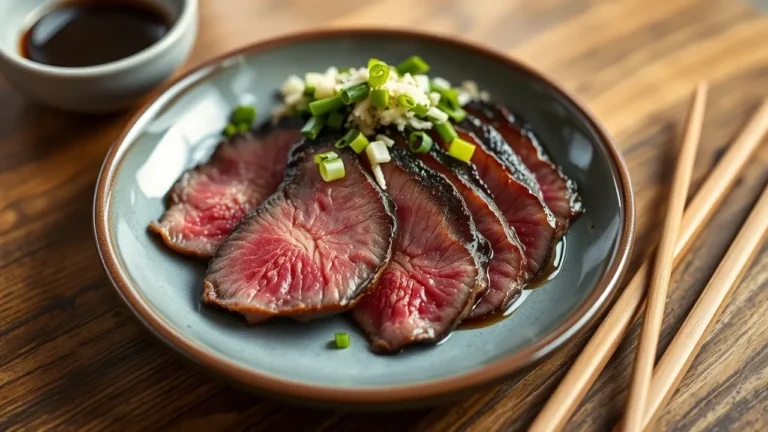 Tataki de boeuf tranché finement, présenté avec sauce soja, gingembre et ciboulette.