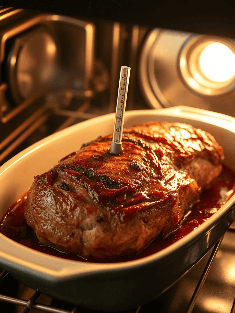 Rôti de bœuf dans un plat au four en train de cuire