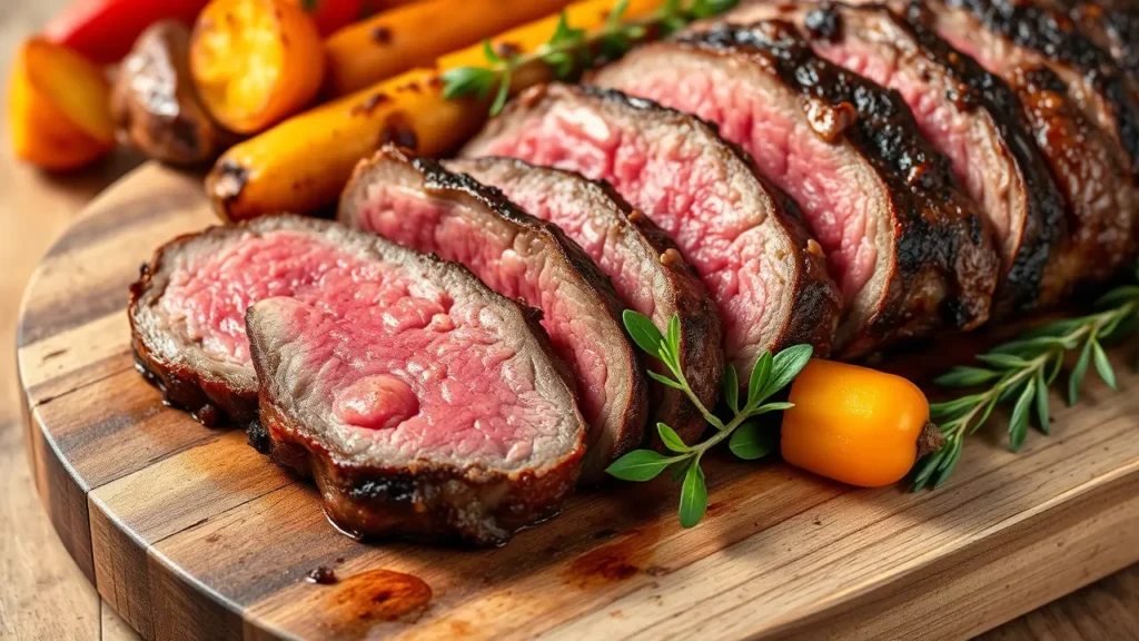 Filet de bœuf tranché, cuisson parfaite, servi avec légumes