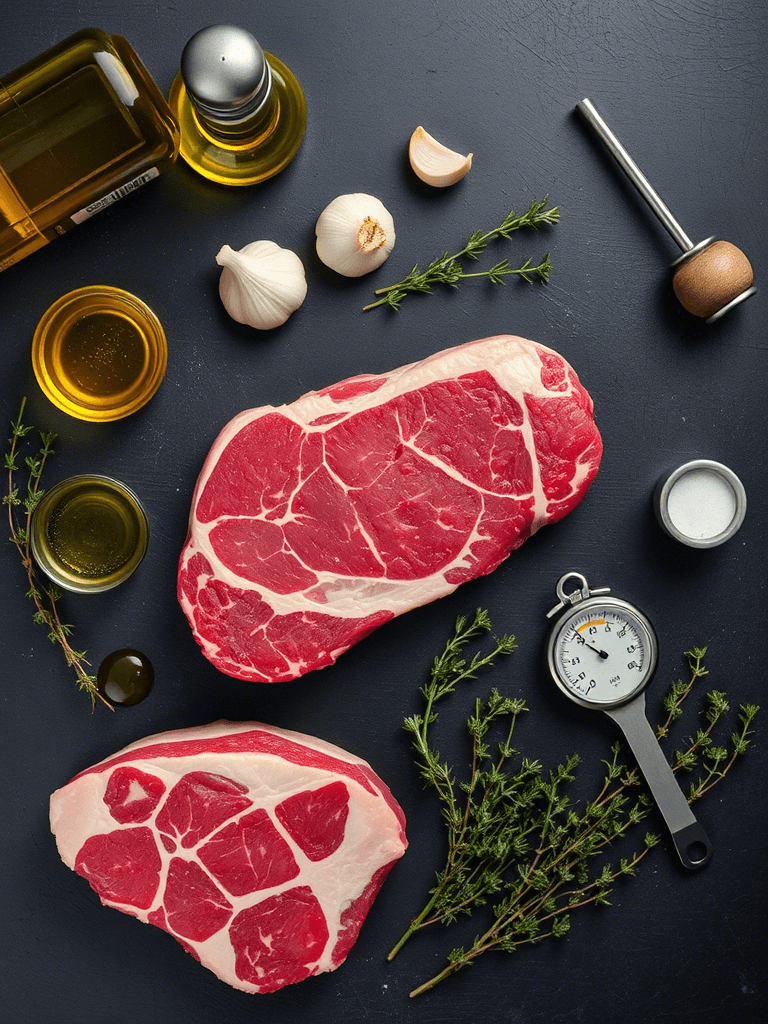 Ingrédients pour la cuisson côte de bœuf : viande, herbes, huile, sel, poivre