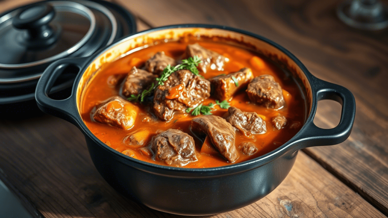 Daube de boeuf mijotée servie dans une cocotte en fonte avec des herbes fraîches