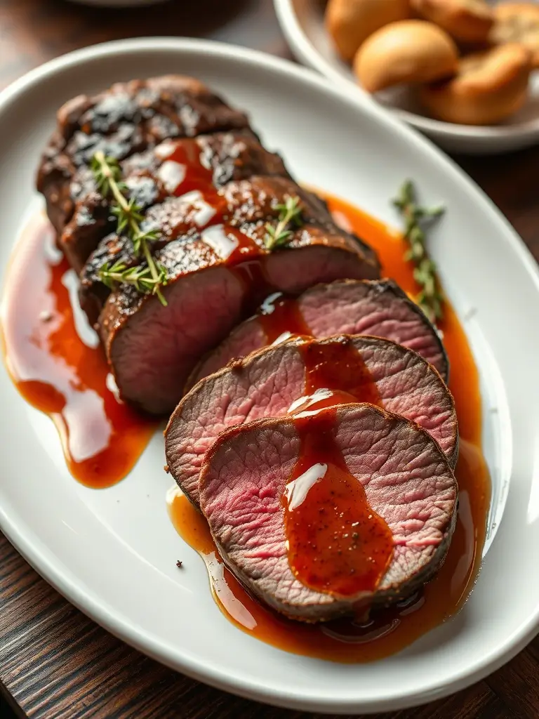 Assiette de filet de bœuf rôti nappé de sauce, prêt à déguster