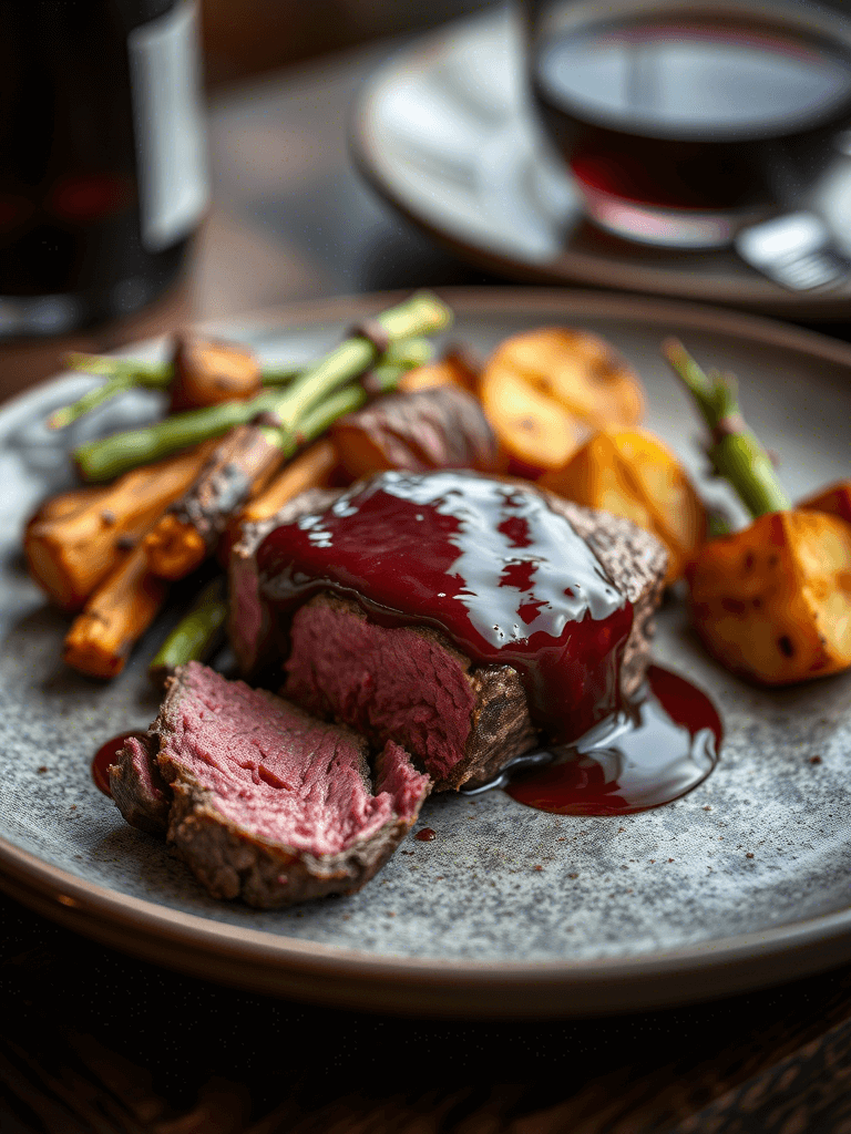 Filet de bœuf nappé de sauce onctueuse, servi avec des légumes grillés sur une assiette élégante
