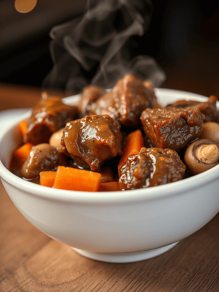Gros plan sur un Boeuf Bourguignon Cookeo nappé de sauce au vin rouge