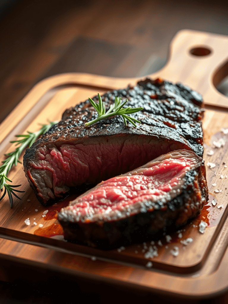 Côte de bœuf tranchée sur une planche en bois, rosée à cœur