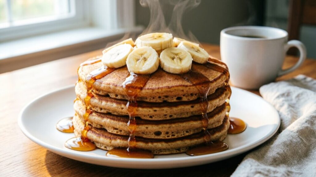 Pancake à la banane empilé avec rondelles de banane et sirop.