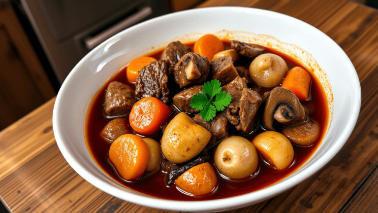 Assiette de Boeuf Bourguignon Cookeo généreusement servie, accompagnée de légumes fondants et d’une sauce au vin brillante