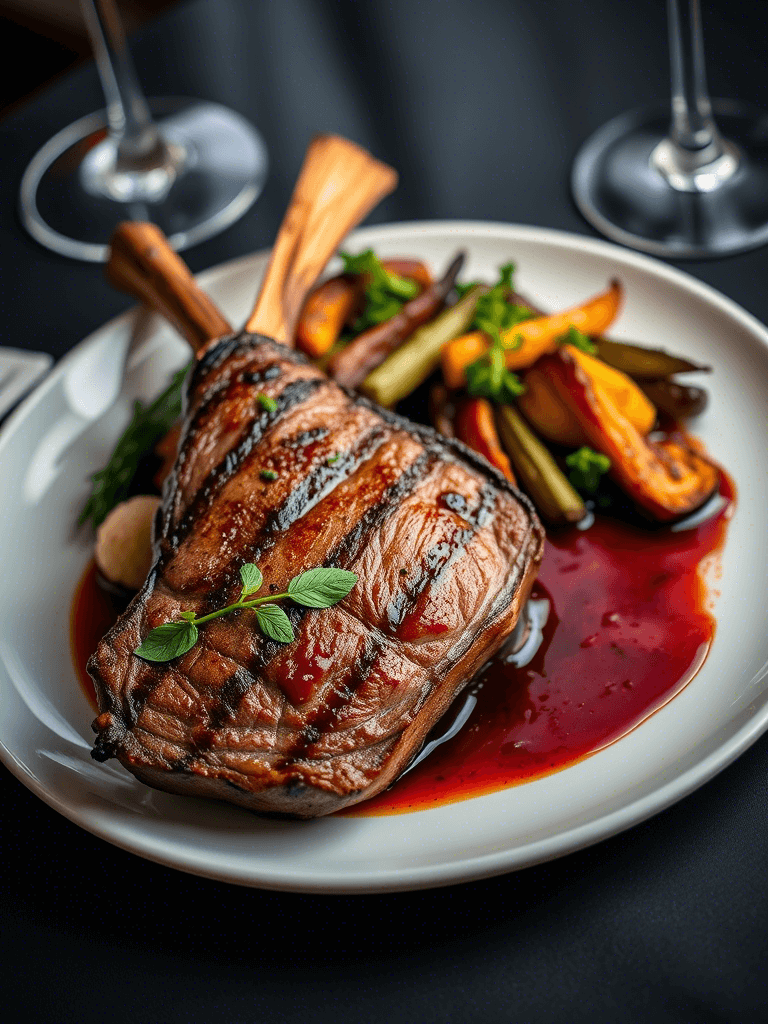 Jarret de boeuf grillé servi avec sauce au vin rouge et légumes rôtis