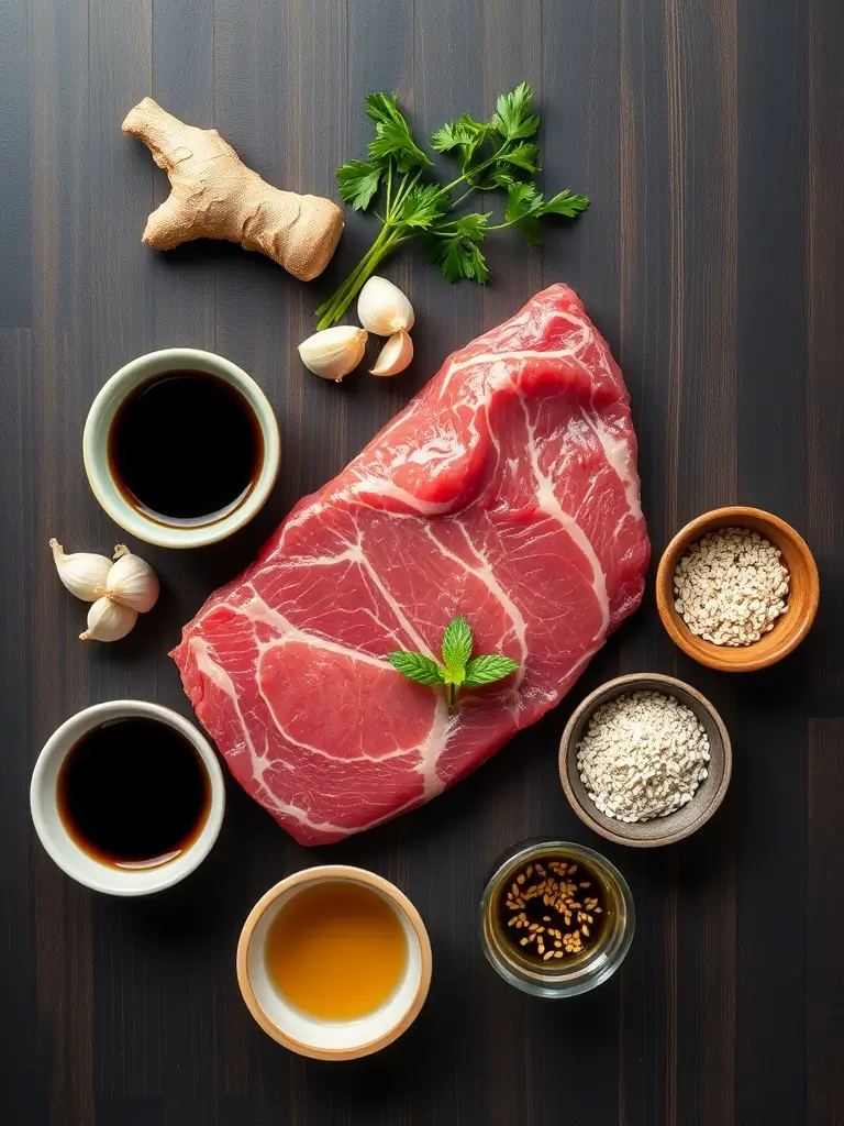 Ingrédients du Tataki de bœuf : filet de bœuf, sauce soja, gingembre, ail, sésame, citron vert, huile de sésame.