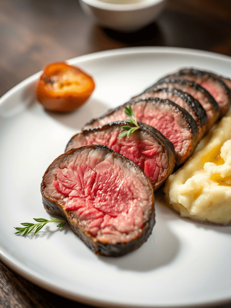 Tranches de filet de bœuf saignant sur une assiette blanche, accompagnées de pommes de terre fondantes