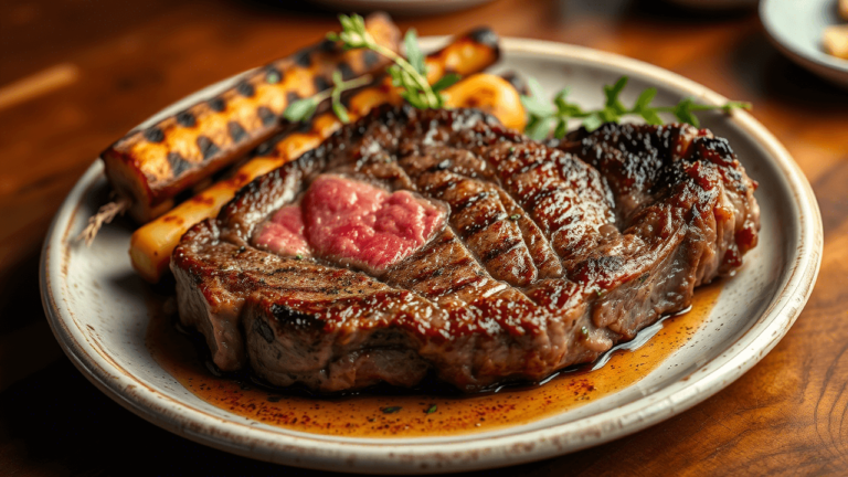 Côte de boeuf cuite à la perfection, servie avec des herbes et des légumes grillés