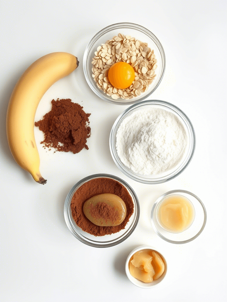 Ingrédients pour préparer un Bowl Cake sain : œuf, flocons d’avoine, cacao, lait, banane, levure.