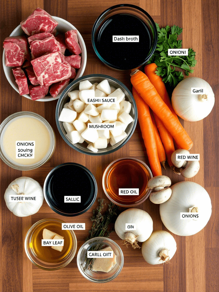 Ingrédients disposés pour préparer un Boeuf Bourguignon Cookeo