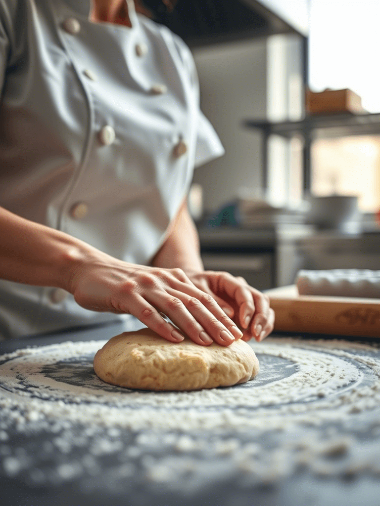 Mains d’une femme chef façonnant des biscuits sur un plan de travail