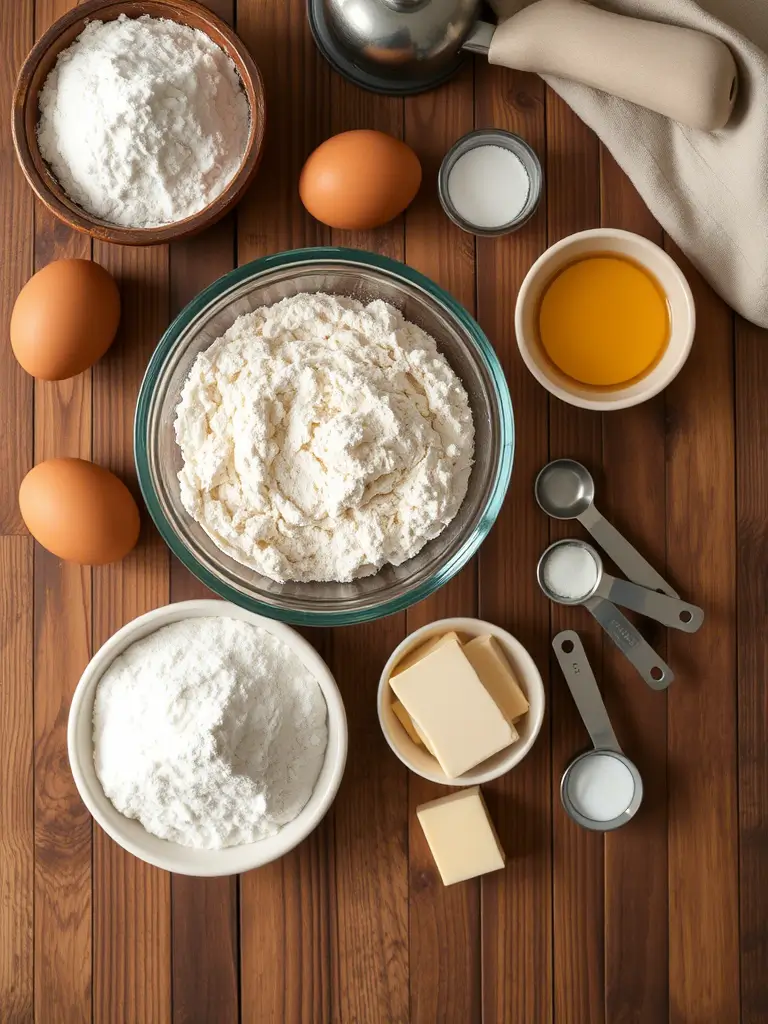 Ingrédients pour biscuit maison : farine, sucre, œufs, beurre, levure.