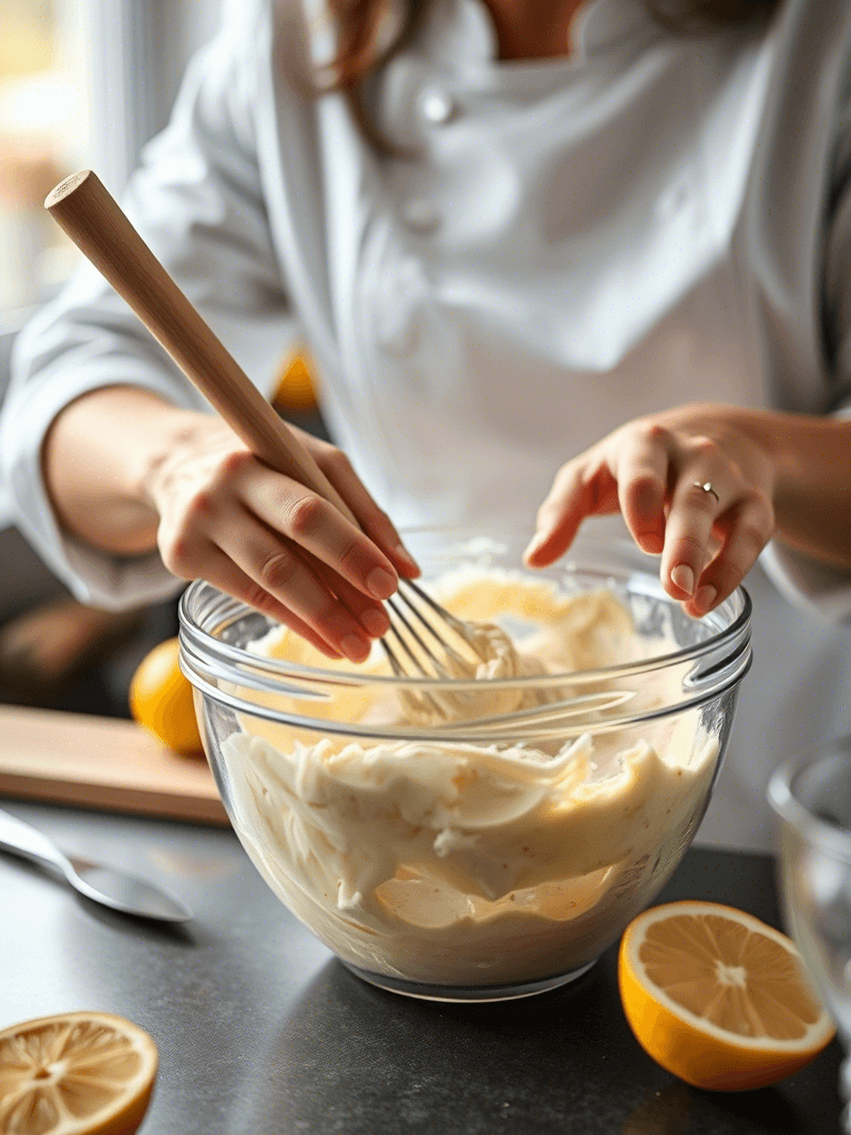Mains d’une femme chef en train de préparer un cake au citron