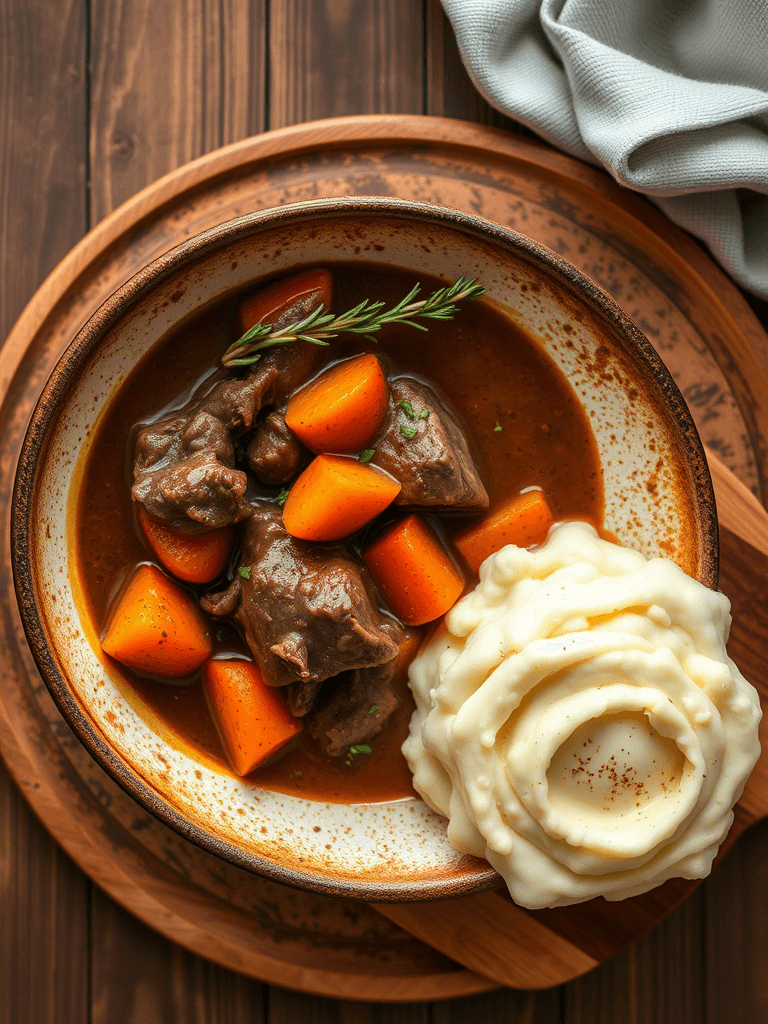 Daube de bœuf servie dans une assiette rustique avec accompagnement