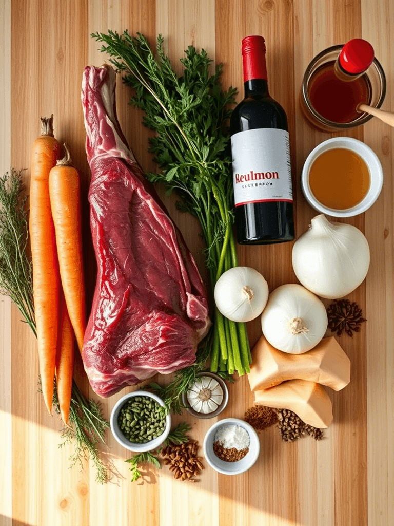 Ingrédients du jarret de boeuf : viande, légumes, épices, herbes et bouillon