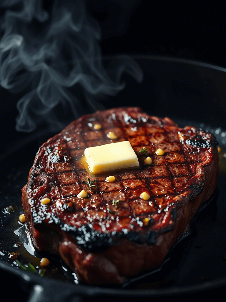 Côte de bœuf saisie dans une poêle chaude, en pleine cuisson