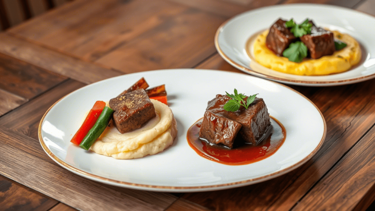 Recette joue de boeuf – Deux présentations élégantes du plat final sur une table rustique