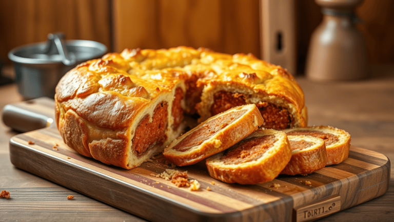 Cake au chorizo tranché sur une planche en bois