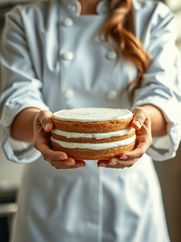 Femme chef tenant un layer cake élégant, seules ses mains sont visibles