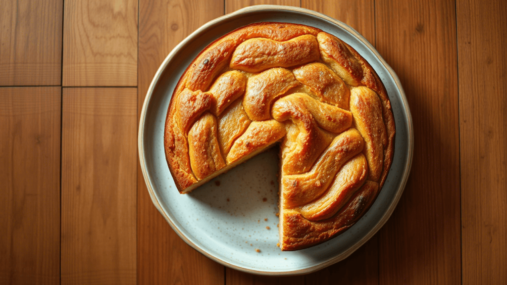 Cake aux pommes doré et moelleux sorti du four, présenté sur une assiette rustique