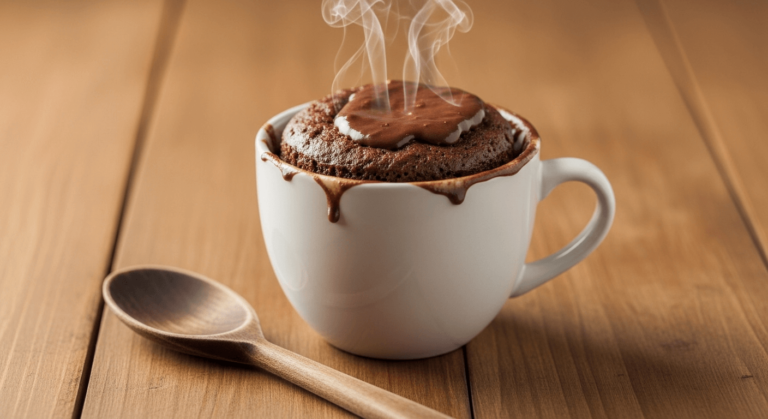 Mug Cake Nutella tout juste sorti du micro-ondes, au cœur fondant et onctueux.