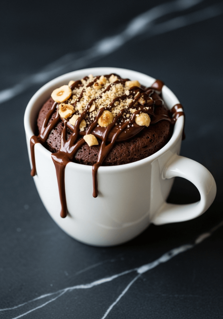 Gros plan sur un Mug Cake Nutella dans une tasse blanche, décoré de noisettes et d’un filet de chocolat fondu.