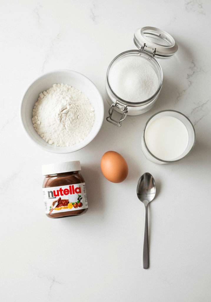 Ingrédients du Mug Cake Nutella sur un plan de travail : Nutella, farine, sucre, œuf, lait.
