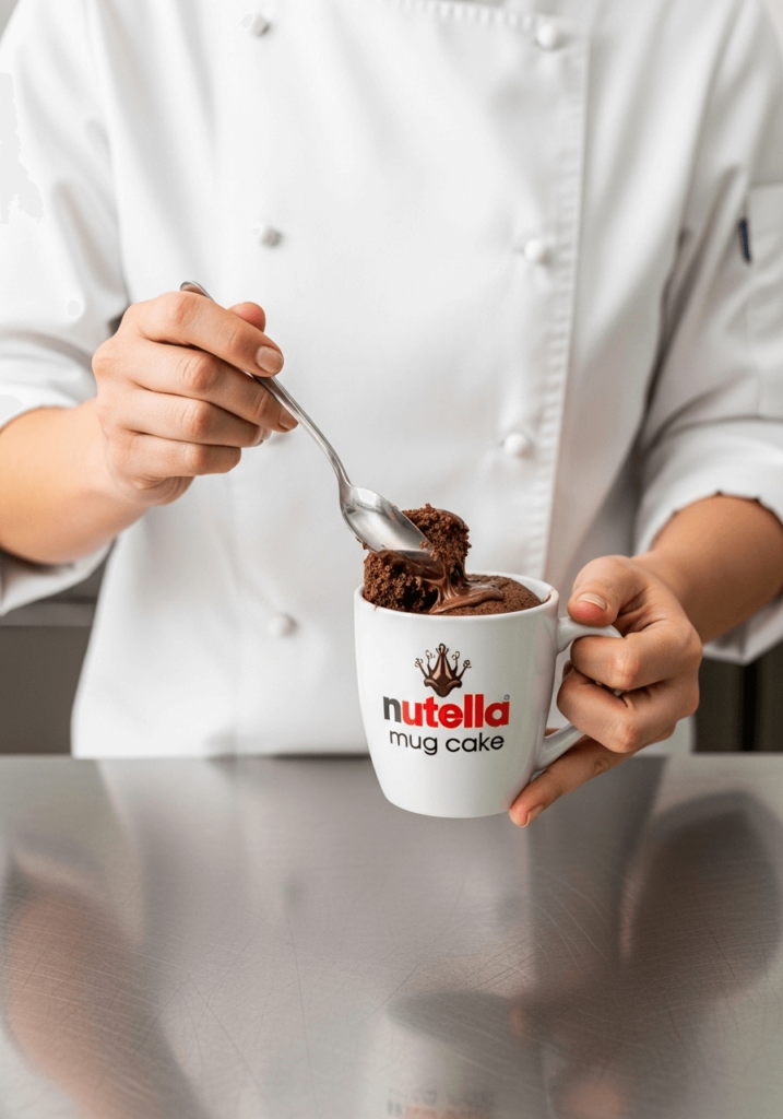 Une femme chef présente un Mug Cake Nutella fumant avec une cuillère, seules ses mains sont visibles.