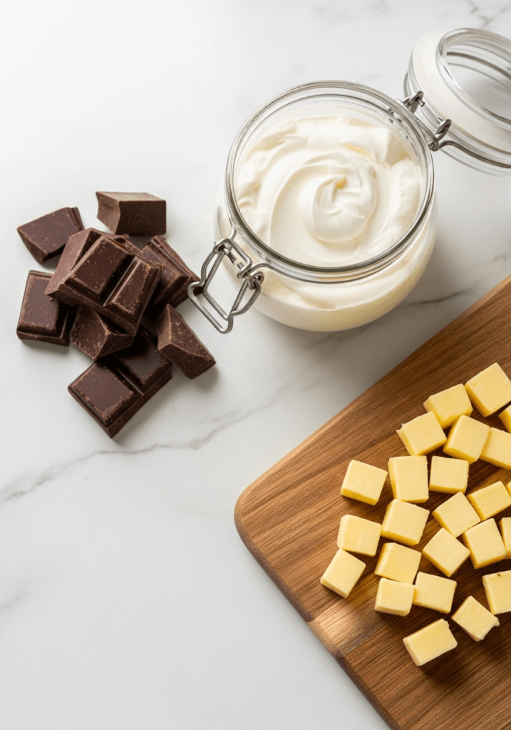 Mains d’une femme chef présentant une ganache chocolat brillante