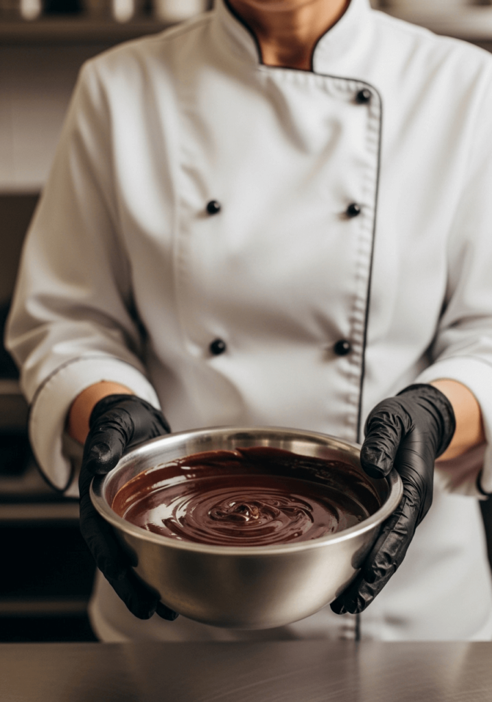 Mains d’une femme chef présentant une ganache chocolat brillante