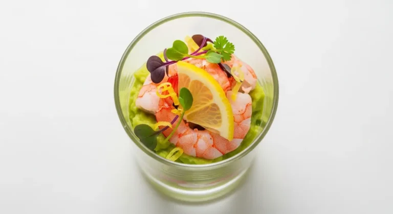 Vue rapprochée d’une verrine avocat crevette avec présentation soignée