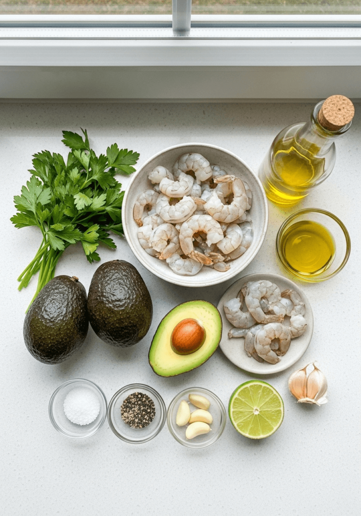 Ingrédients frais pour préparer une verrine avocat crevette : avocat, crevettes, citron, épices