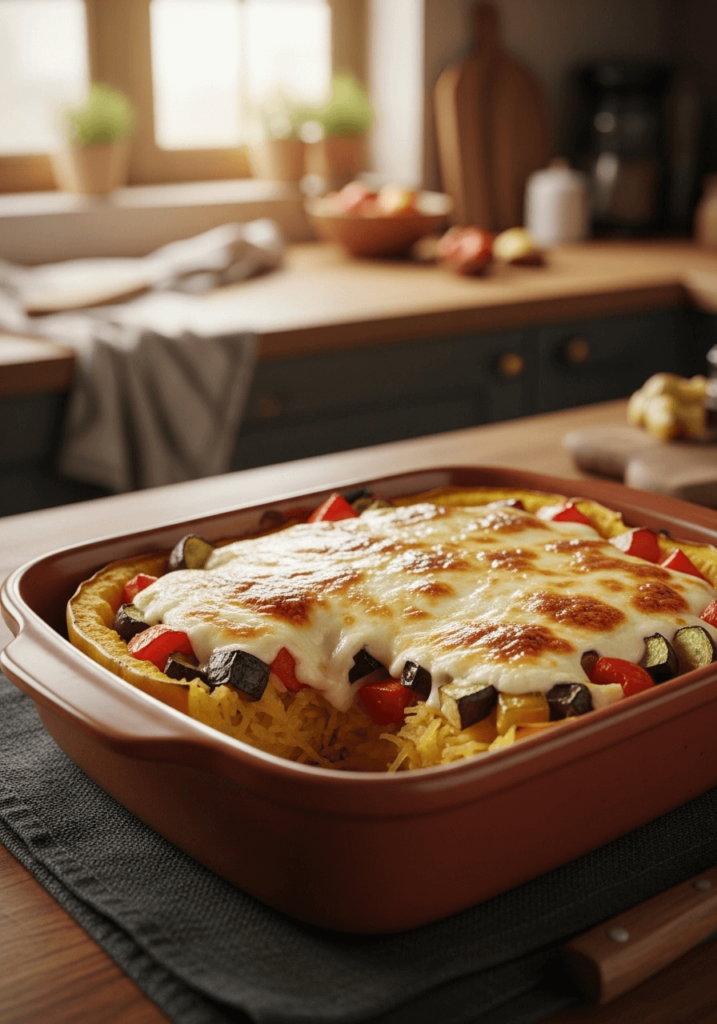 Recette courge spaghetti gratinée au fromage et légumes croquants.