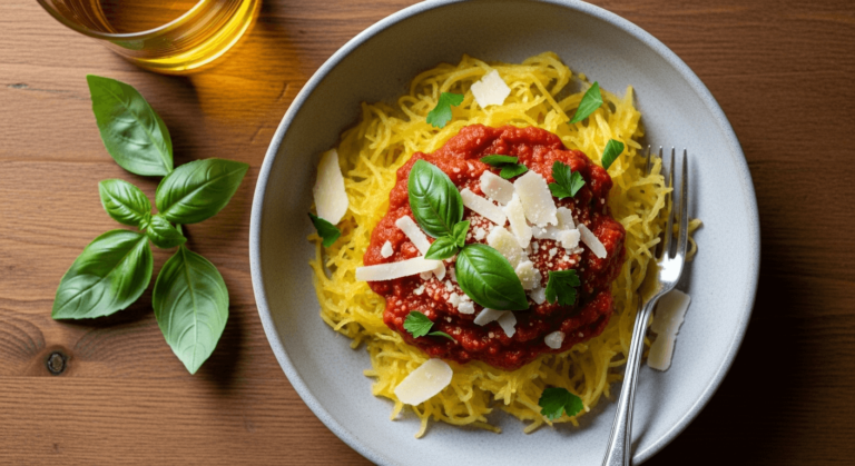 Recette courge spaghetti servie dans un plat rustique avec sauce tomate et herbes fraîches.