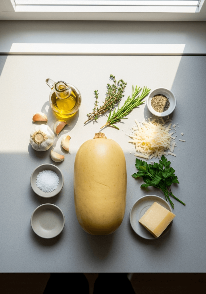 Ingrédients pour une recette courge spaghetti : courge, ail, huile d’olive, épices, fromage râpé.