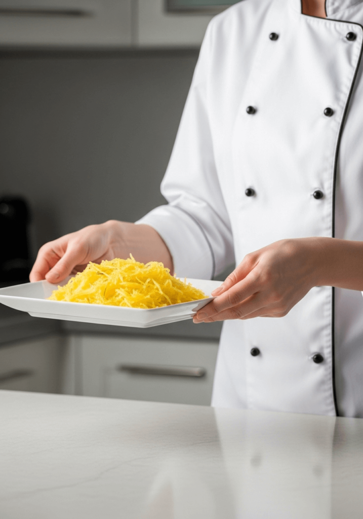 Une femme chef présente une assiette de courge spaghetti cuisinée, mains en avant.