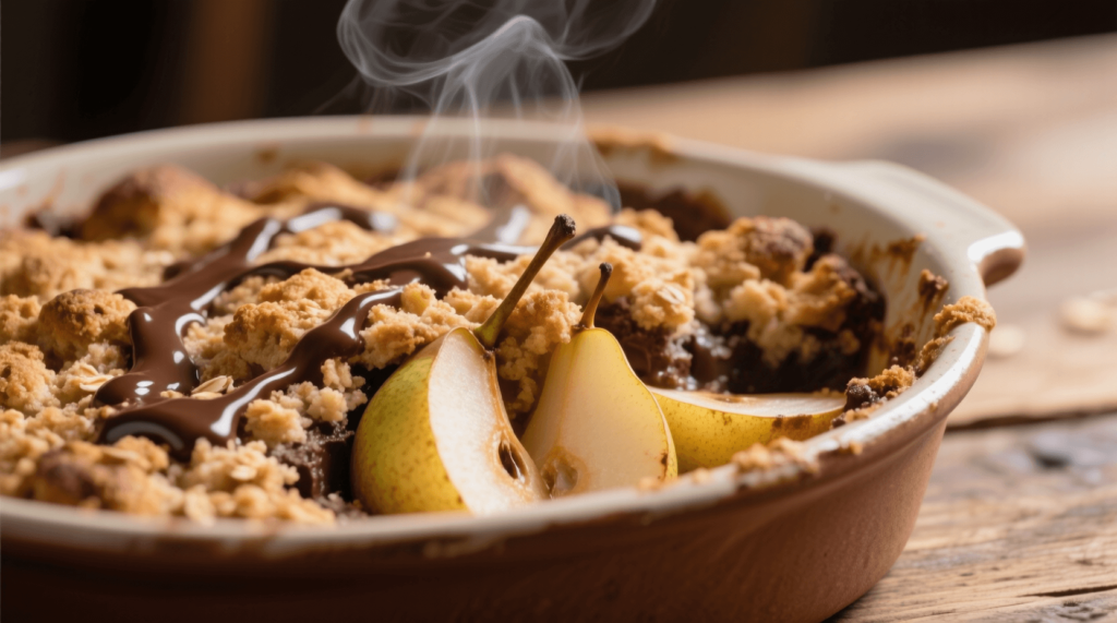 Crumble poire chocolat croustillant sorti du four